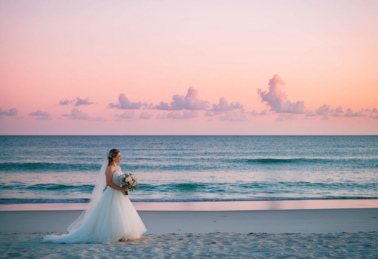 A serene beach wedding at sunset with soft pink and coral skies blending into a deep navy blue ocean