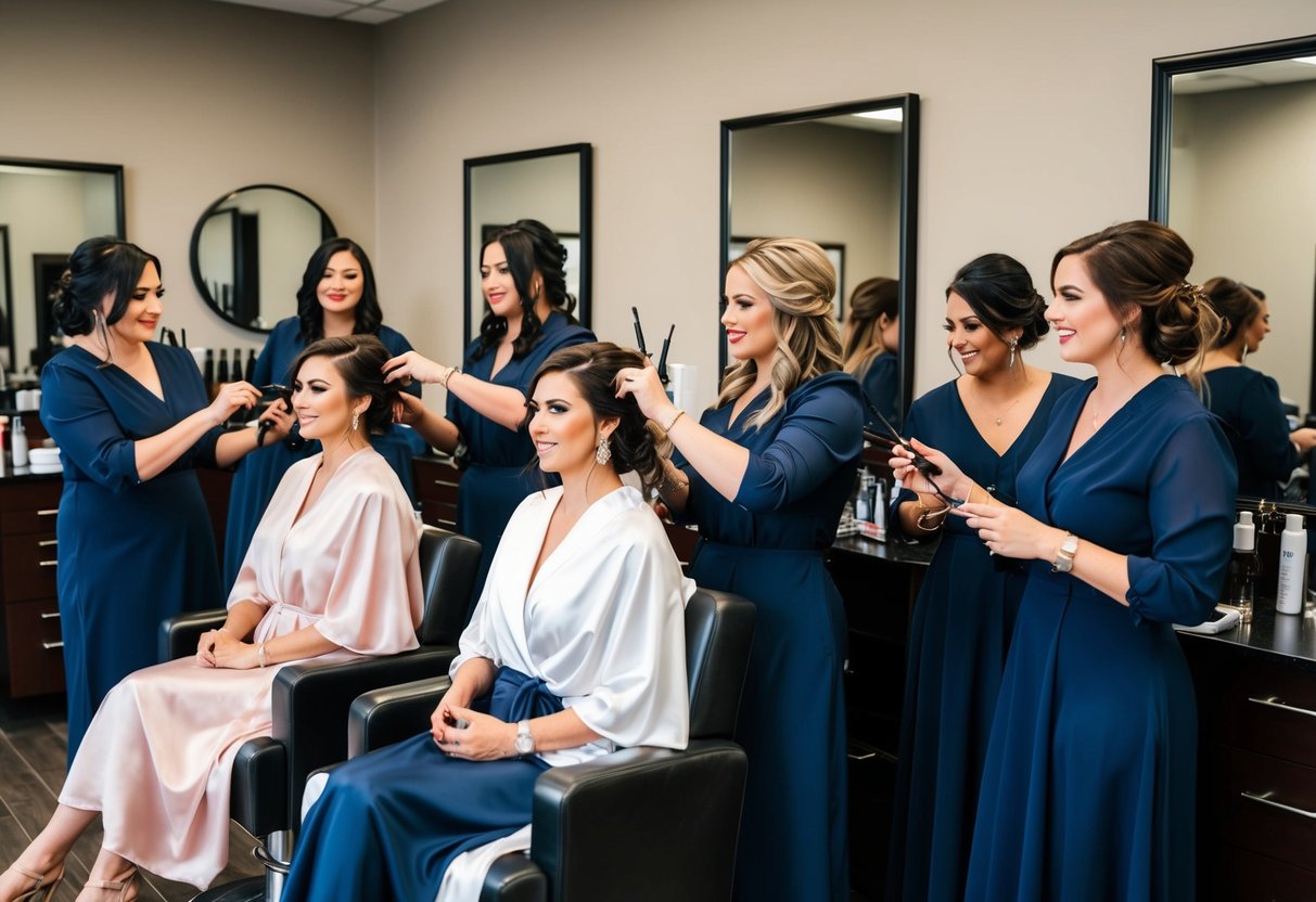 A group of bridesmaids sitting in a salon chair, getting their hair and makeup done by professional stylists
