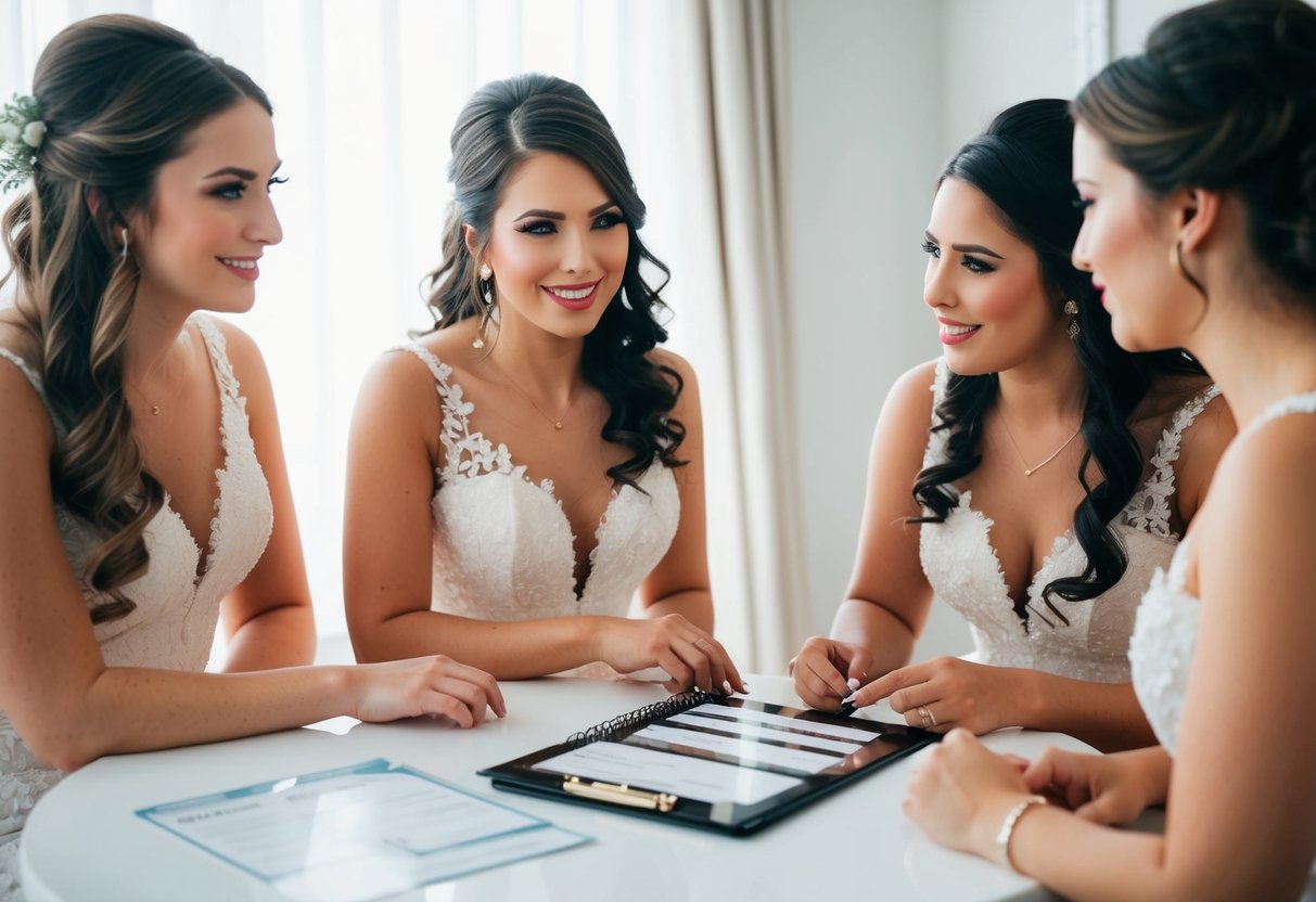 A bride and her bridesmaids discussing hair and makeup, with a planner and payment options displayed on a table