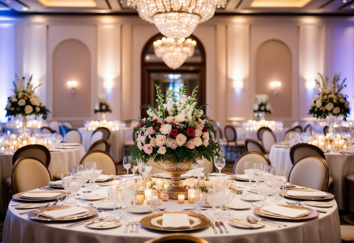 A lavish wedding banquet with an extravagant floral centerpiece and elegant table settings