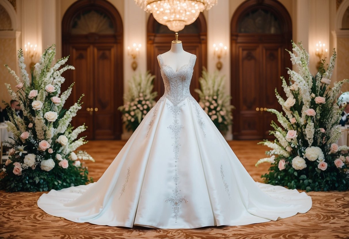 A luxurious wedding dress displayed in a grand ballroom with elaborate floral arrangements and sparkling jewelry