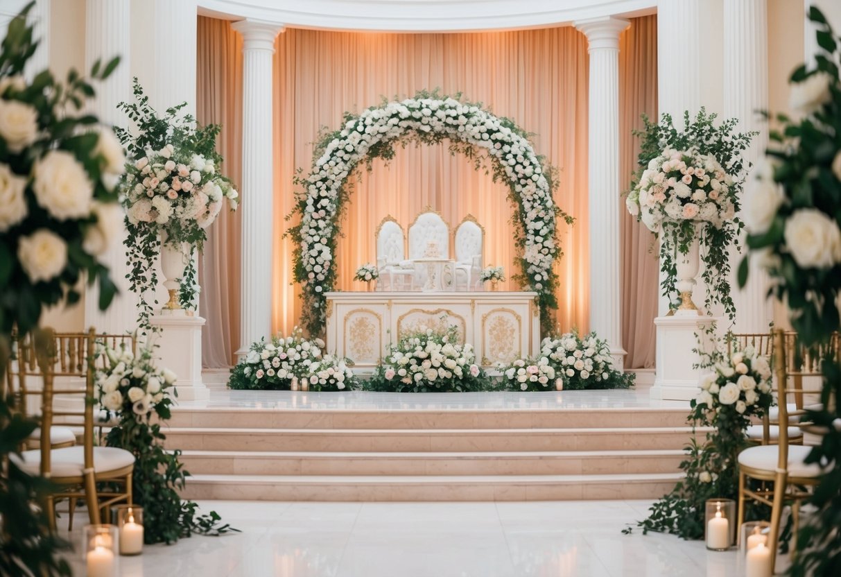 A wedding venue with a lavish setup, including a decorated altar, floral arrangements, and a grand backdrop for photography and videography