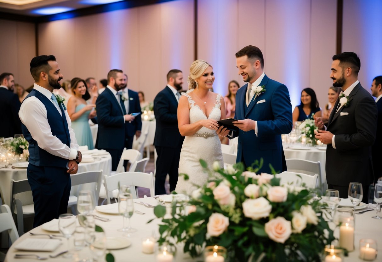 A day of coordinator stands at a bustling wedding reception, coordinating vendors and managing the timeline. A venue coordinator oversees the setup and maintenance of the venue space