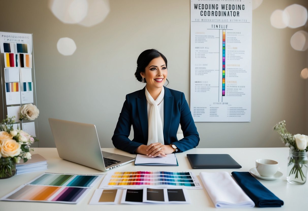 A wedding coordinator sits at a desk, surrounded by color swatches, fabric samples, and a laptop. A detailed timeline of the wedding day is pinned to the wall