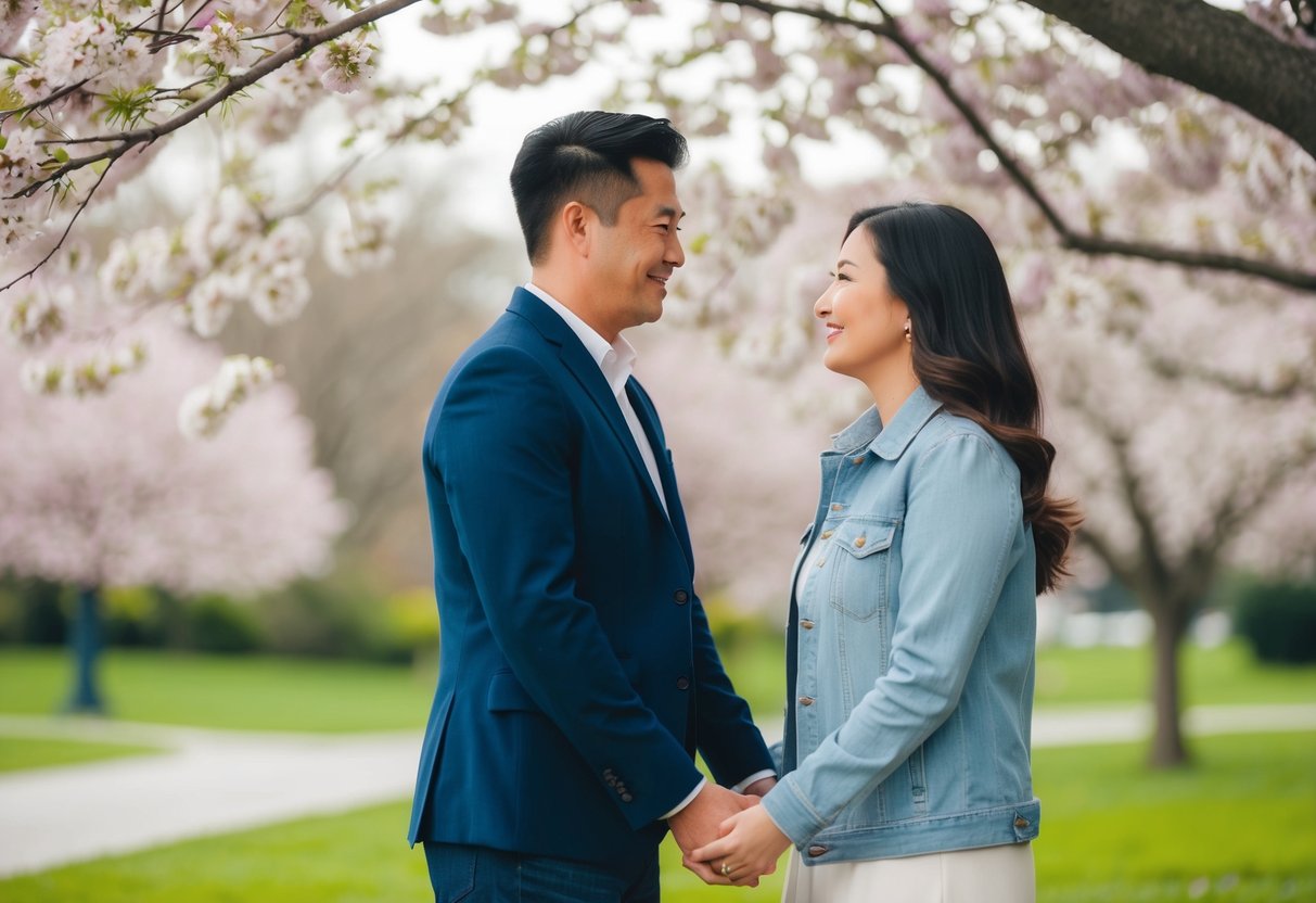 A couple standing together under a blooming tree, gazing at each other with love and holding hands