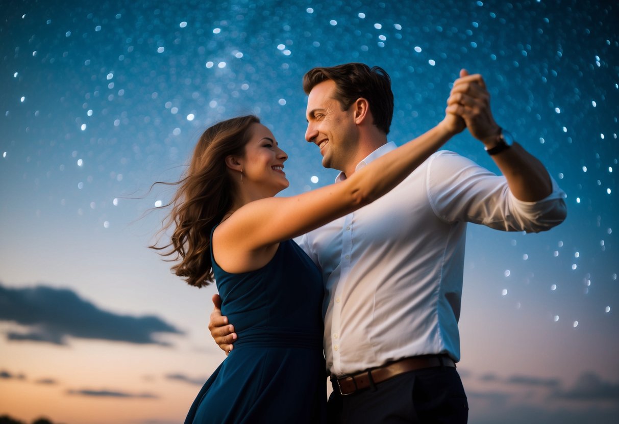 A couple dancing under a starry sky, embracing each other with smiles, symbolizing love and acceptance