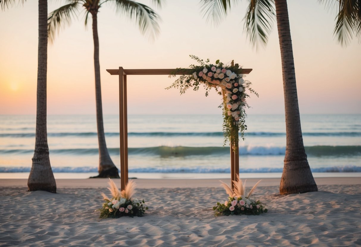 A serene beach at sunset with a simple wooden arch adorned with flowers, surrounded by palm trees and gentle waves