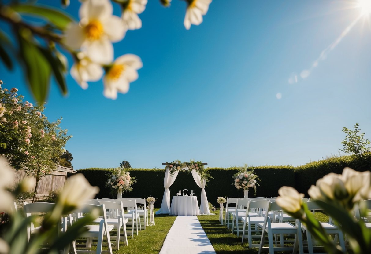 A sunny outdoor wedding in a garden with blooming flowers and a clear blue sky, set up with simple decorations and seating for guests