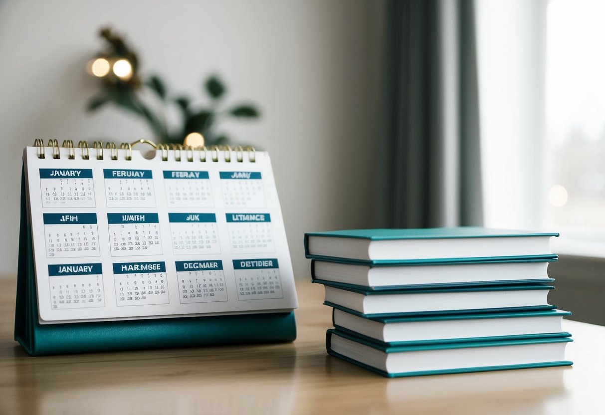 A calendar with highlighted months (January, February, March, November, December) and a stack of wedding budgeting books