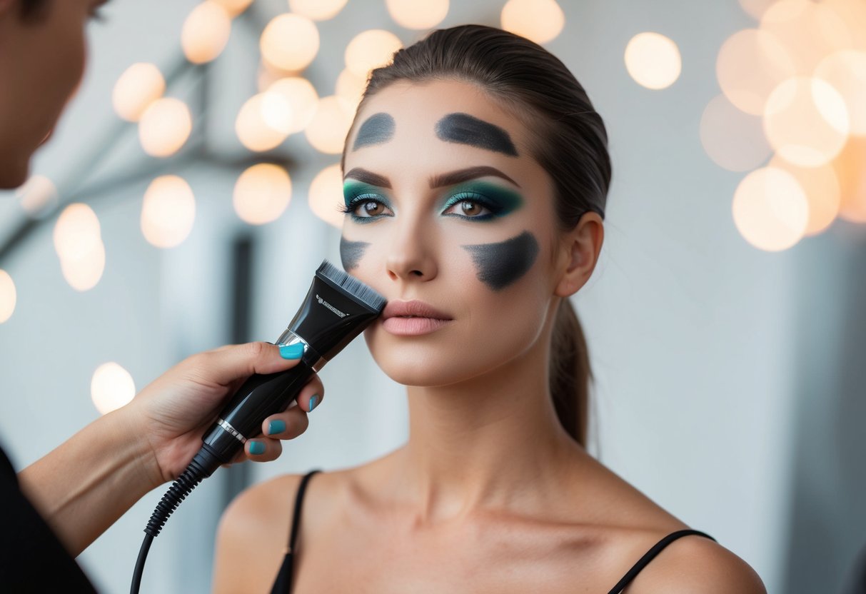 A model with airbrush makeup showing signs of smudging and uneven application