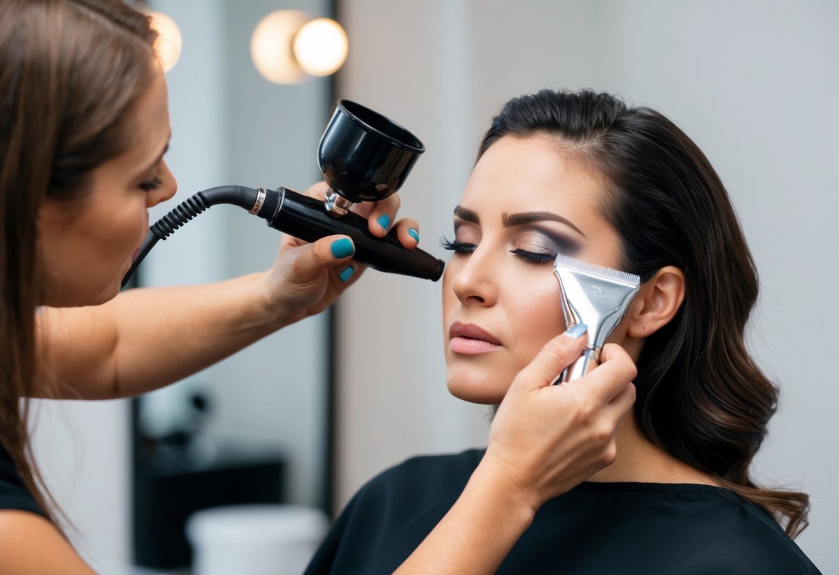 An artist carefully applies airbrush makeup to a model's face, but struggles with uneven coverage and clogged equipment