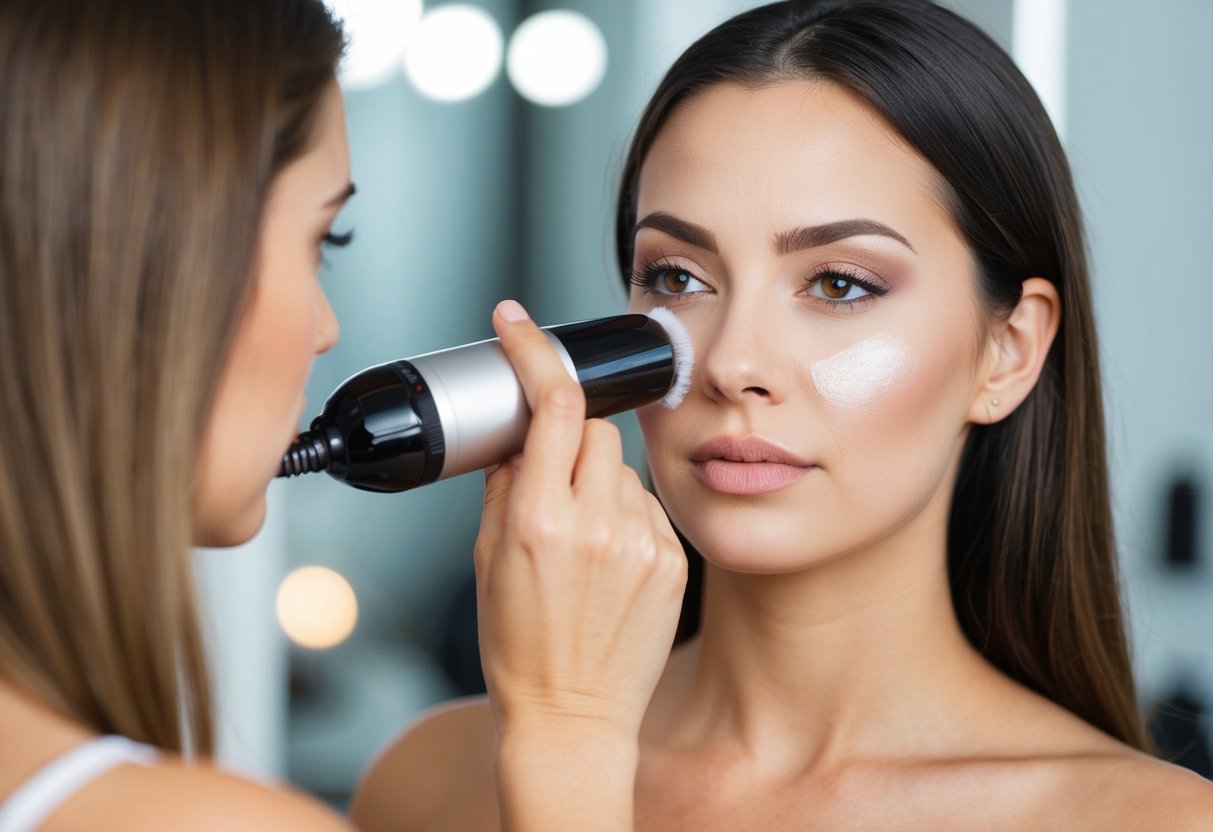 A woman applies airbrush makeup, but her skin appears dry and irritated after prolonged use