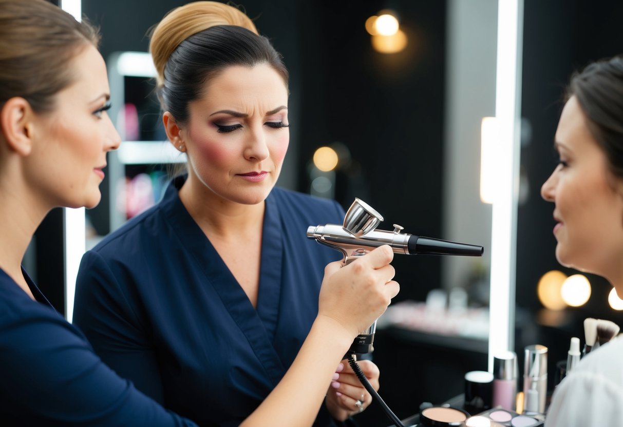 A makeup artist struggles with clogged airbrush equipment, as a client waits impatiently for a touch-up