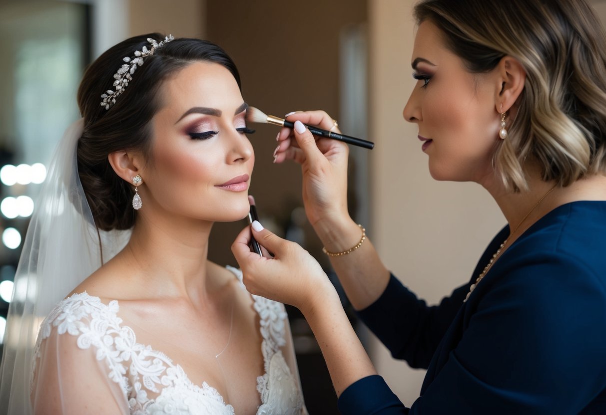 A makeup artist applies bridal makeup with a focus on soft, romantic tones and long-lasting coverage, while regular makeup is more versatile and can be tailored to individual preferences