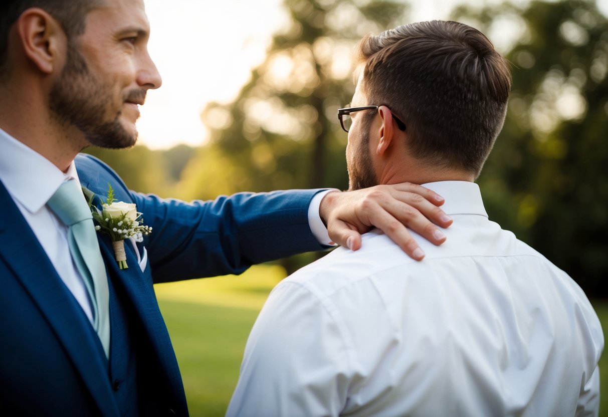 A man placing a hand on the shoulder of the groom, offering guidance and support