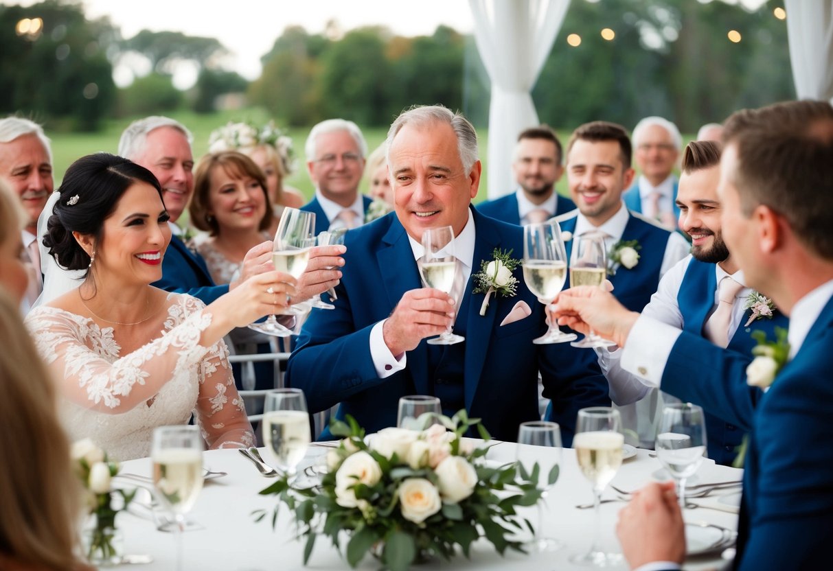 The father of the groom gives a heartfelt speech, toasting the newlyweds as guests raise their glasses in celebration