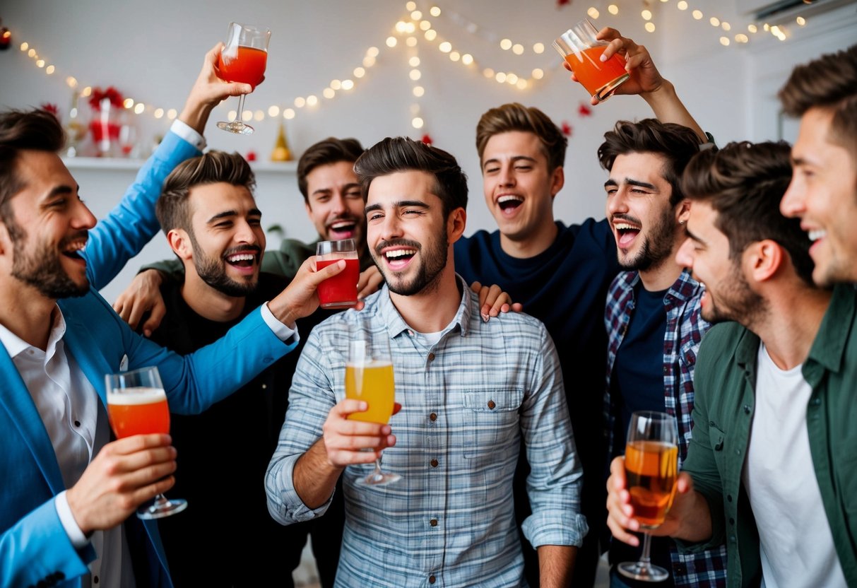 A group of young men celebrating, with drinks, music, and laughter in a decorated room