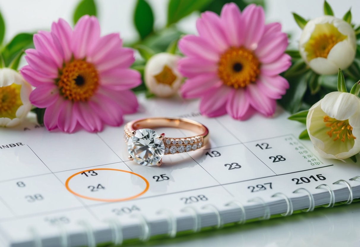A wedding ring surrounded by blooming flowers and a calendar with a circled date