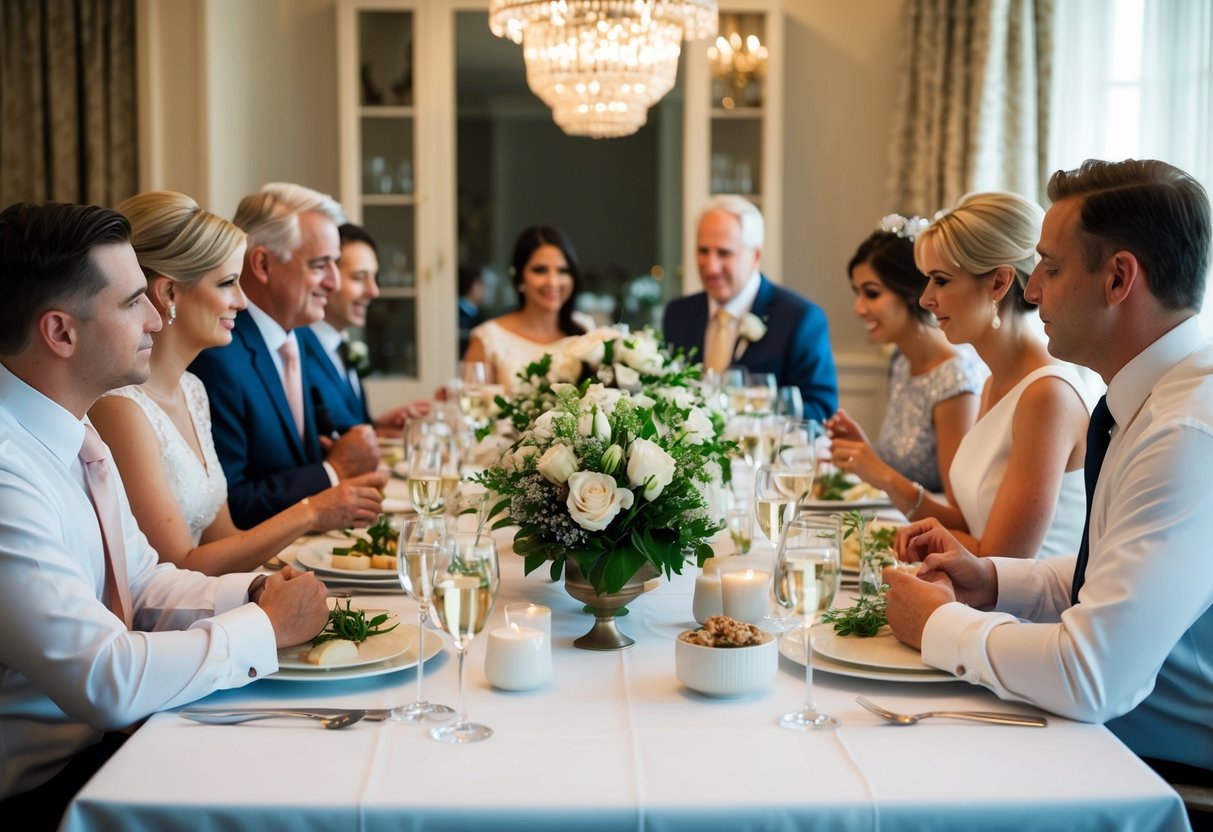A family dinner table with a bride and groom's families discussing wedding expenses and etiquette