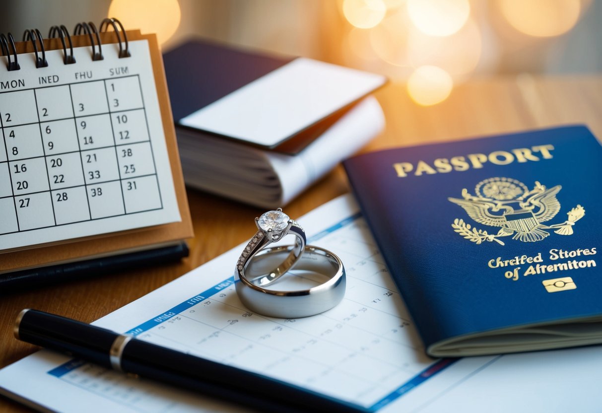 A wedding ring surrounded by a calendar, a diploma, and a passport, symbolizing factors influencing marriage age