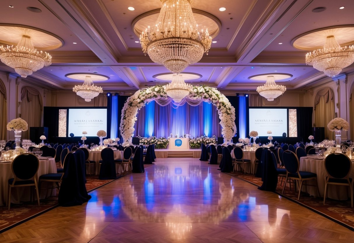 A grand ballroom filled with elegant decor and a stage set for a prestigious event