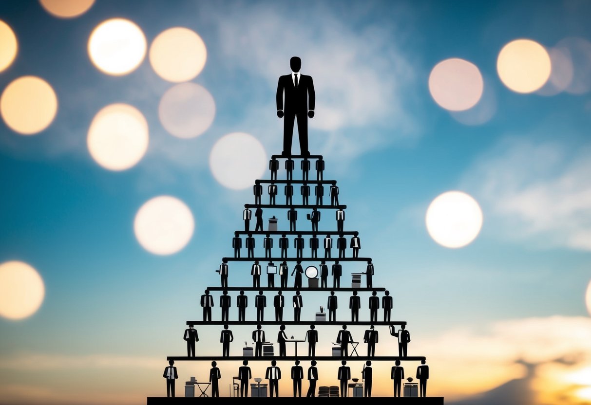 A figure at the top of a pyramid, overseeing multiple layers of event planning staff and tasks