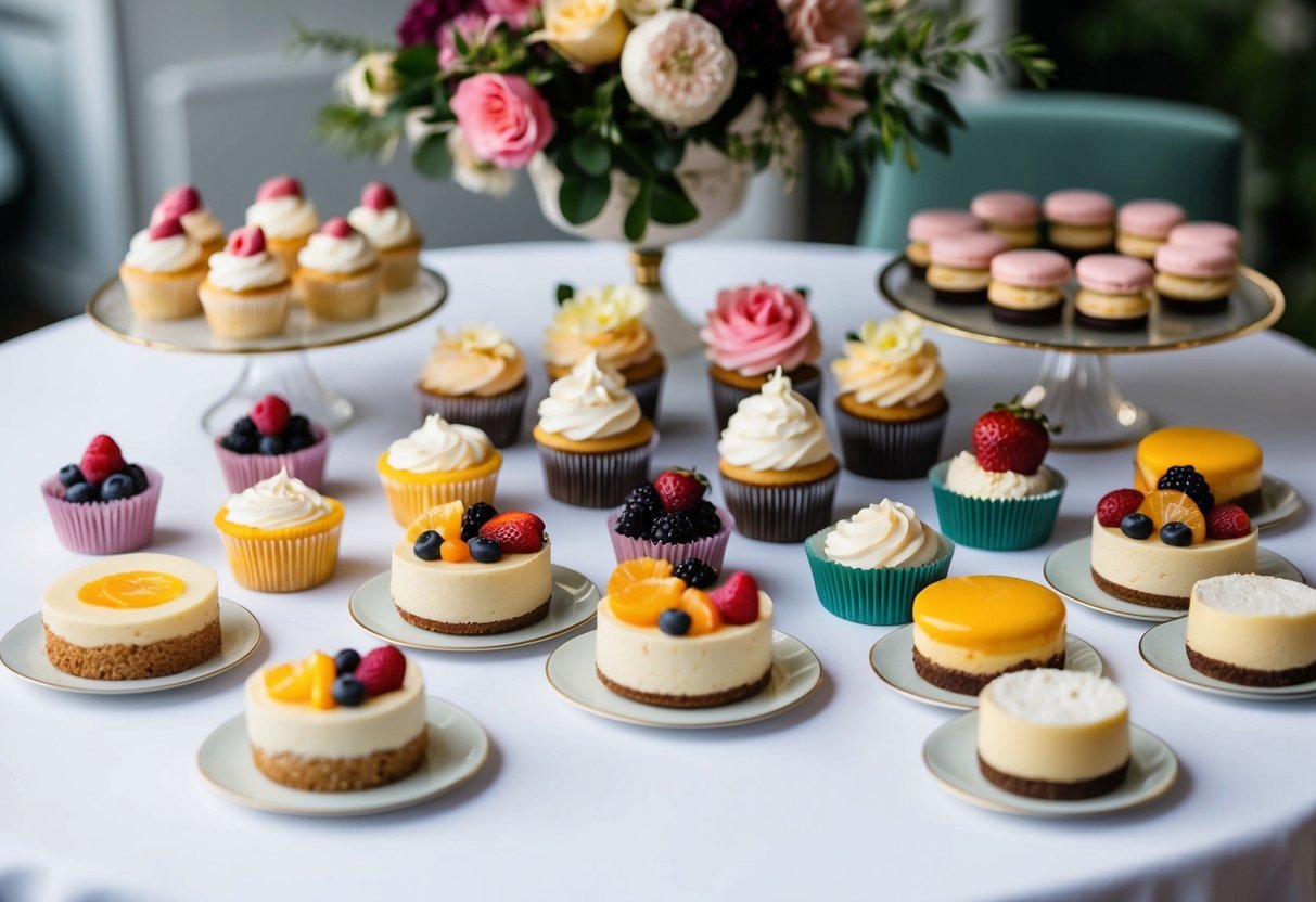 A table set with an assortment of non-cake desserts, such as cupcakes, macarons, fruit tarts, and cheesecake, with elegant decorations and floral arrangements
