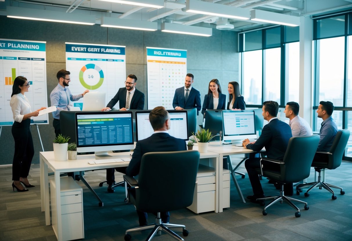 A busy event planning office with charts, calendars, and computers. A team of professionals collaborates on upcoming projects, highlighting industry trends and focal points
