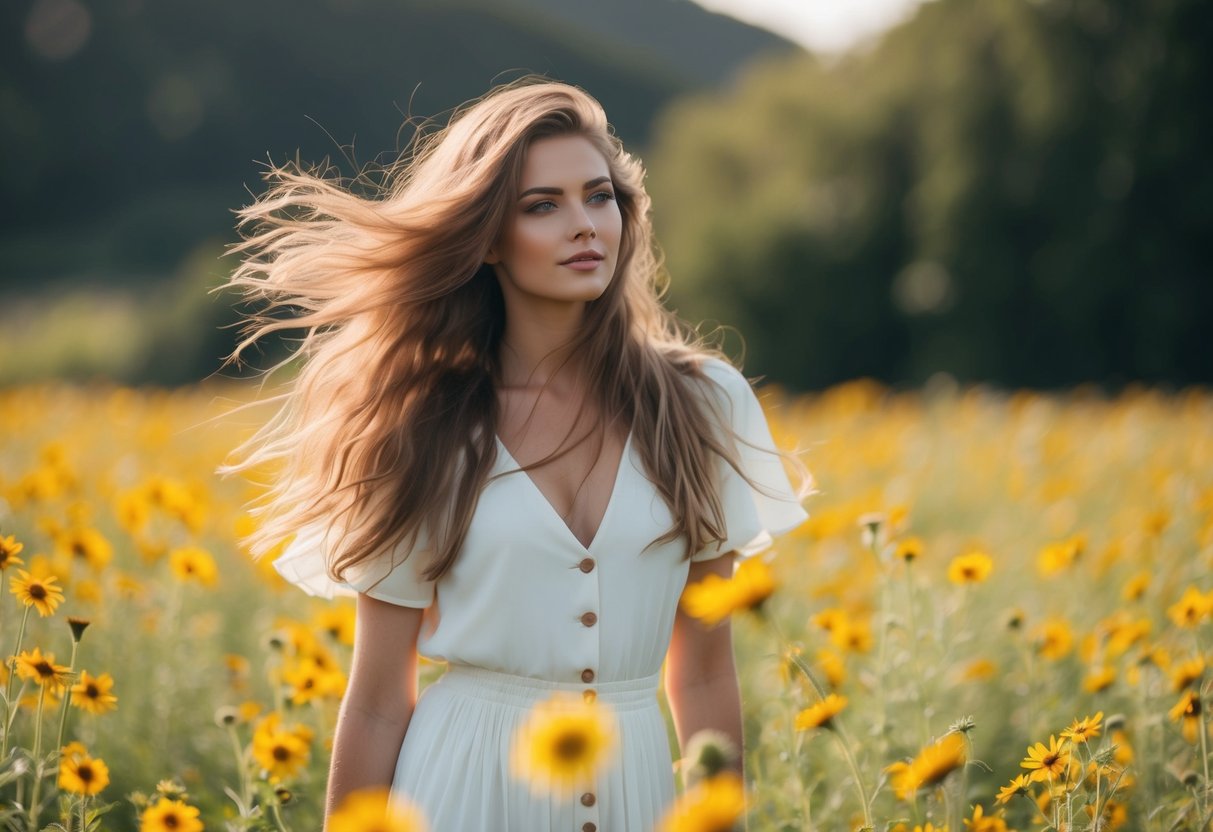 A woman with long, flowing hair stands in a field of wildflowers, the wind gently tousling her locks