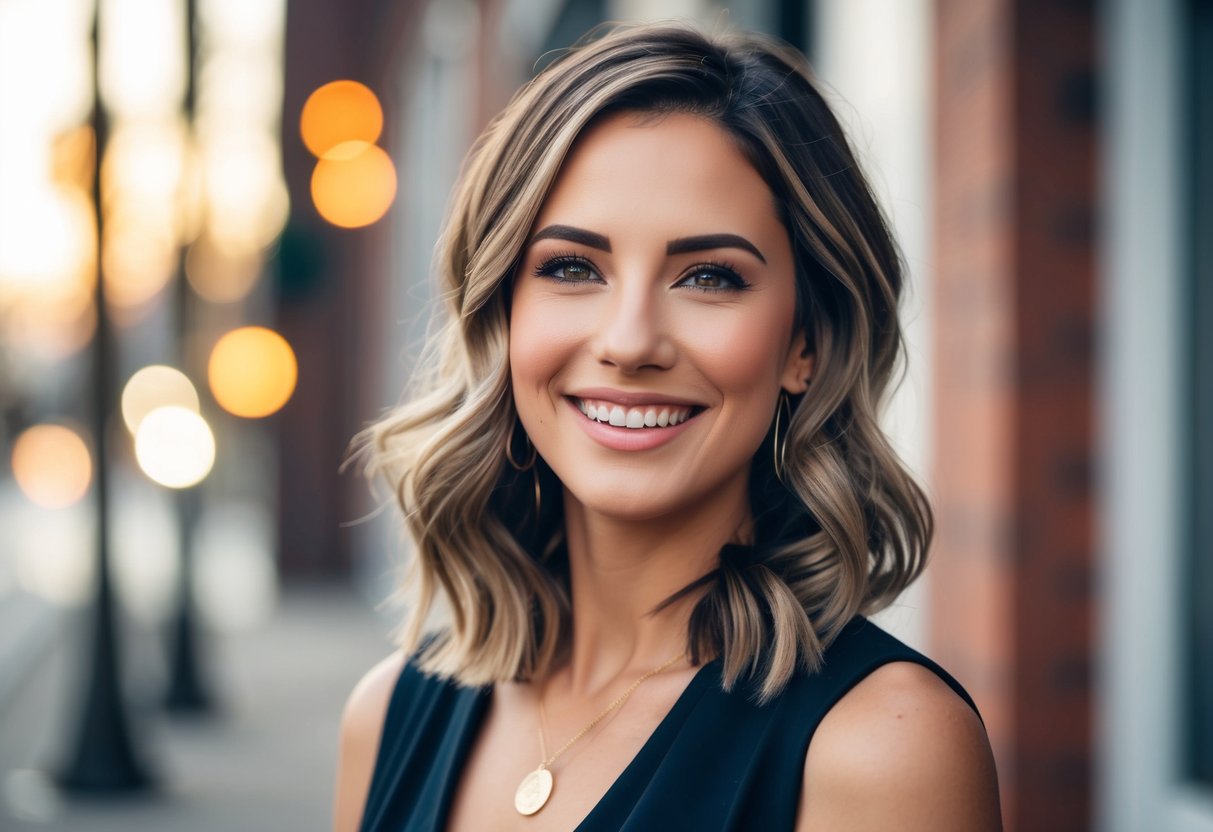A woman with shoulder-length hair, styled in loose waves, smiling confidently