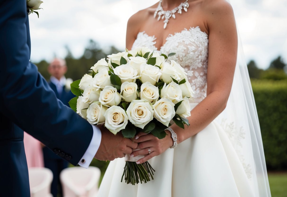 A bride holding a bouquet of white roses at a wedding ceremony
