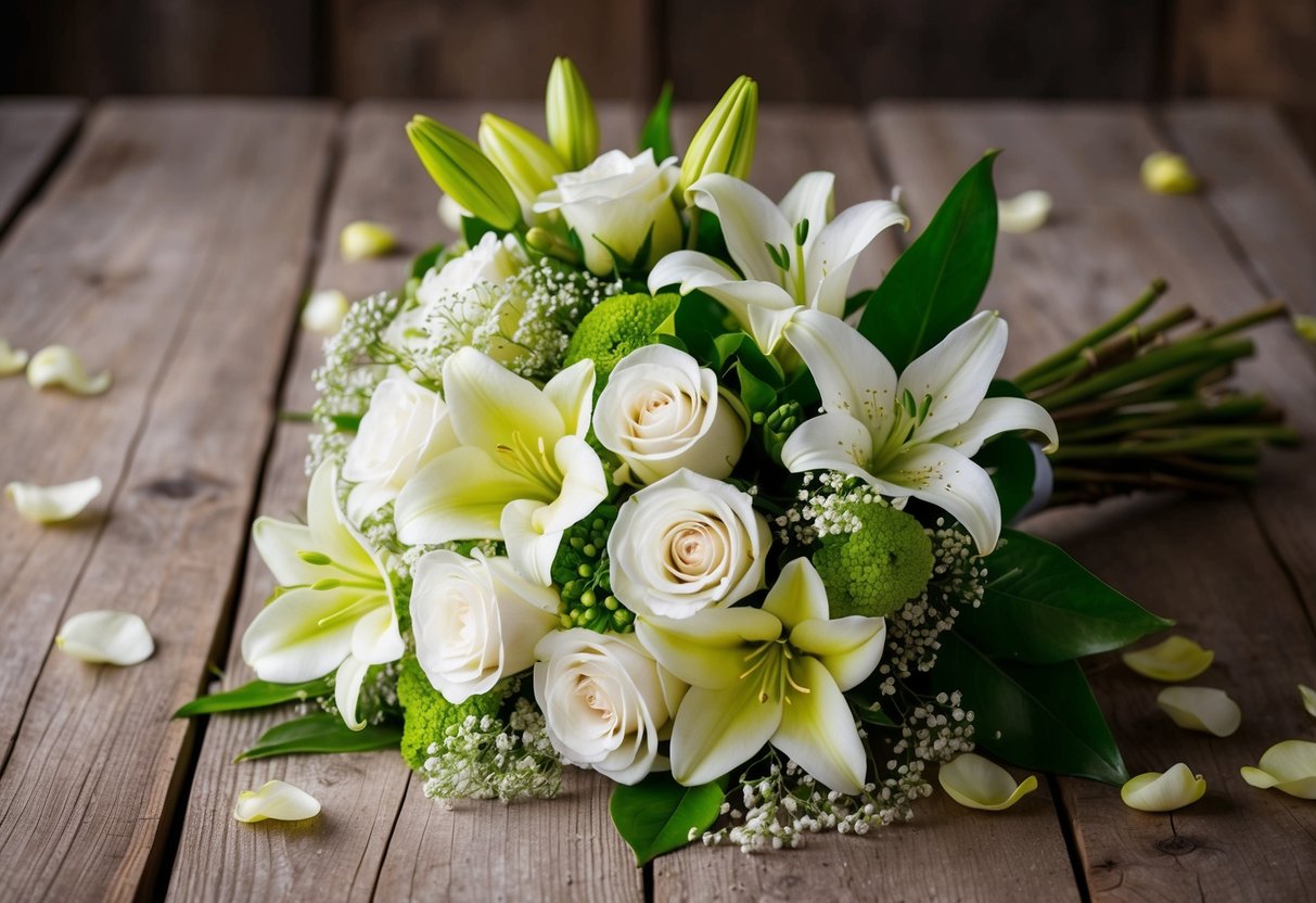 A vibrant bouquet of white roses, lilies, and baby's breath sits atop a rustic wooden table, surrounded by scattered petals and greenery