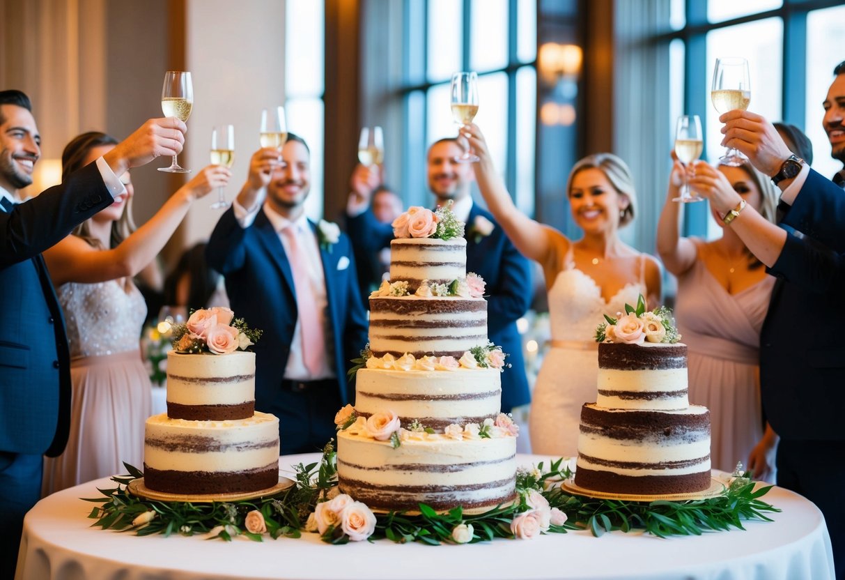 A table filled with tiered cakes, adorned with flowers and frosting, surrounded by guests raising their glasses in celebration
