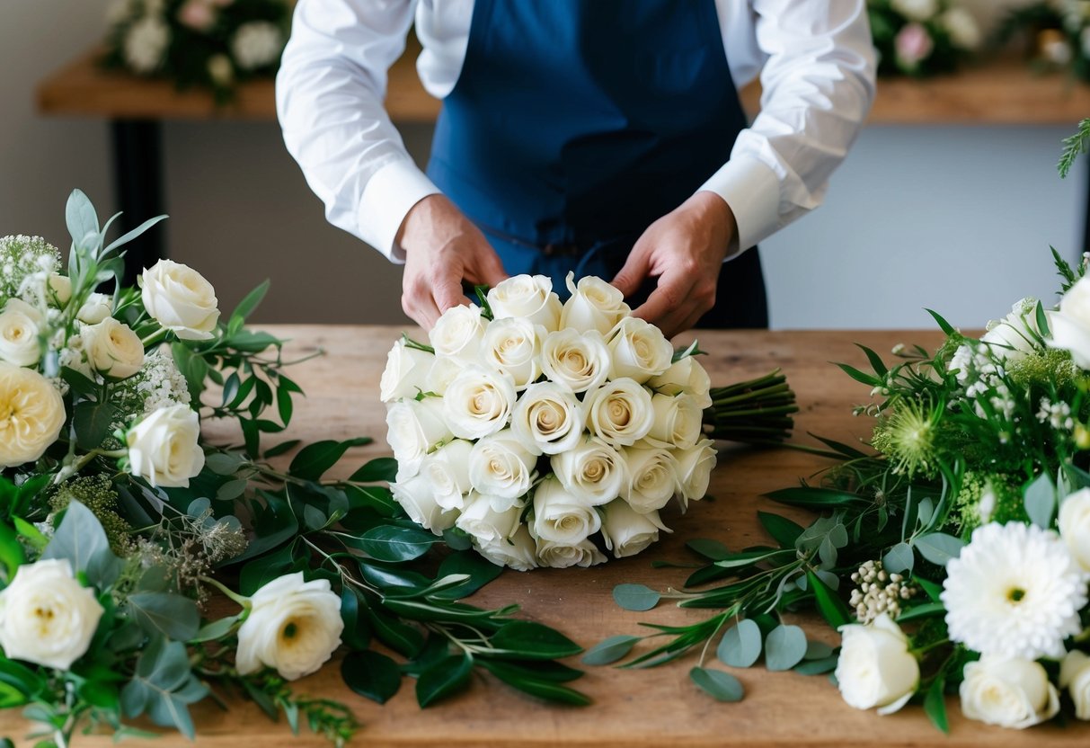 A florist arranging a bouquet of white roses, surrounded by various wedding flowers and greenery on a wooden worktable