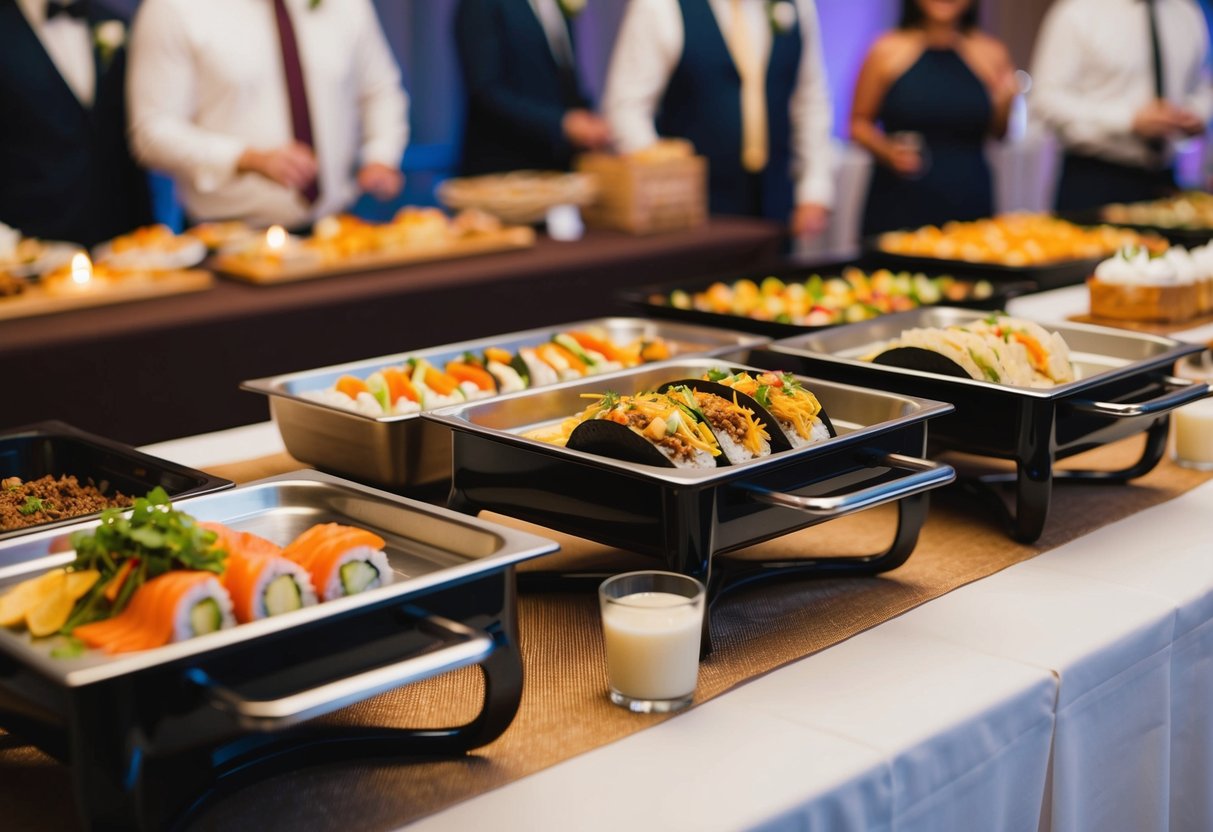 A variety of food stations, including a sushi bar, taco stand, and dessert table, are set up at a wedding reception