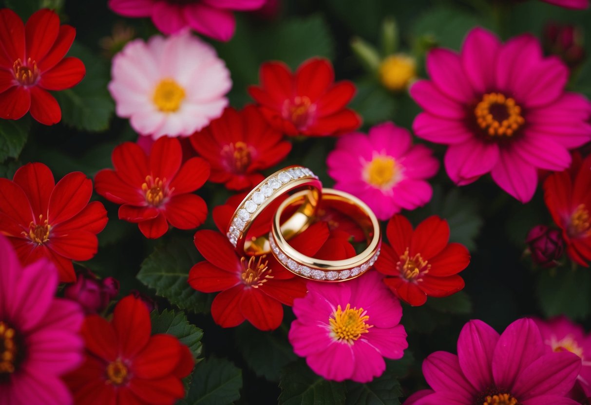 A golden wedding ring surrounded by vibrant red and pink flowers, symbolizing love, passion, and good luck in marriage