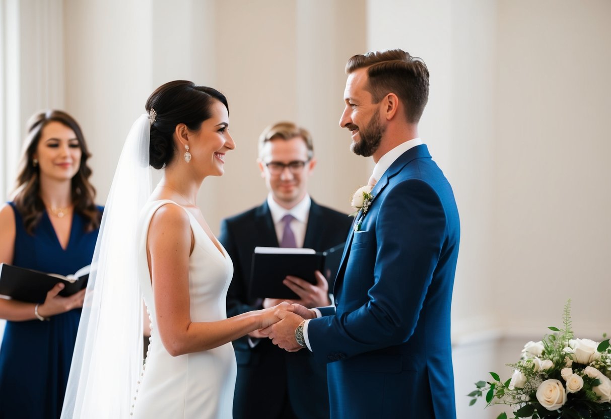 A couple standing before a registrar, exchanging vows in a simple, elegant ceremony