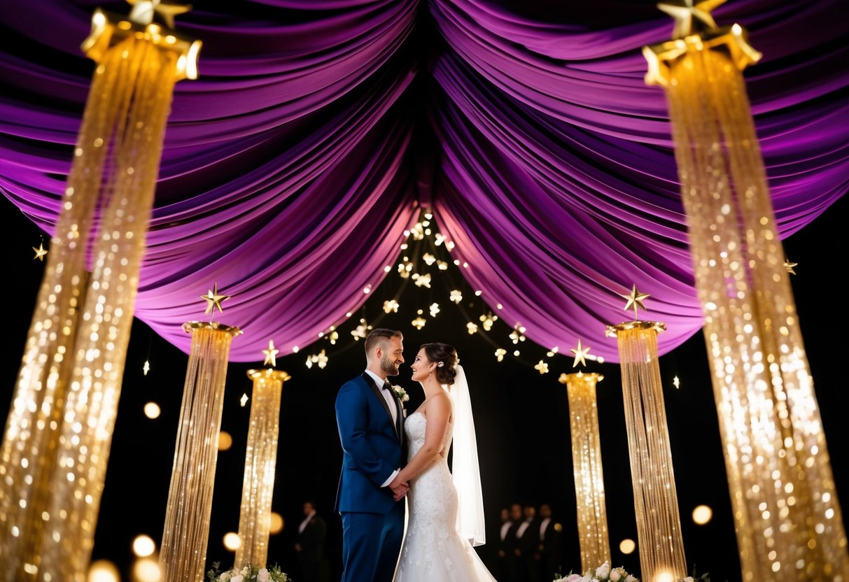 A bride and groom stand beneath a canopy of rich, deep purple fabric, surrounded by shimmering gold accents and twinkling stars