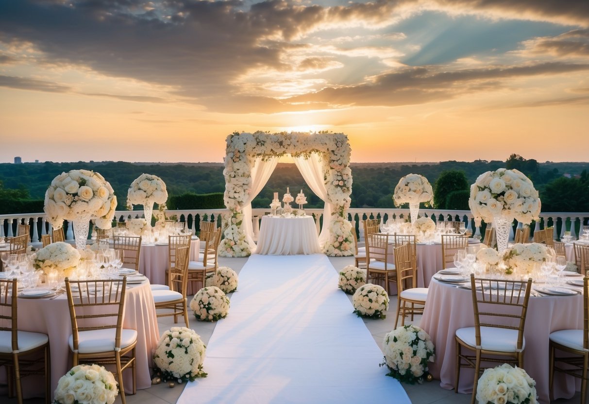 A lavish wedding venue adorned with extravagant decorations and luxurious flowers, set against a backdrop of a picturesque sunset