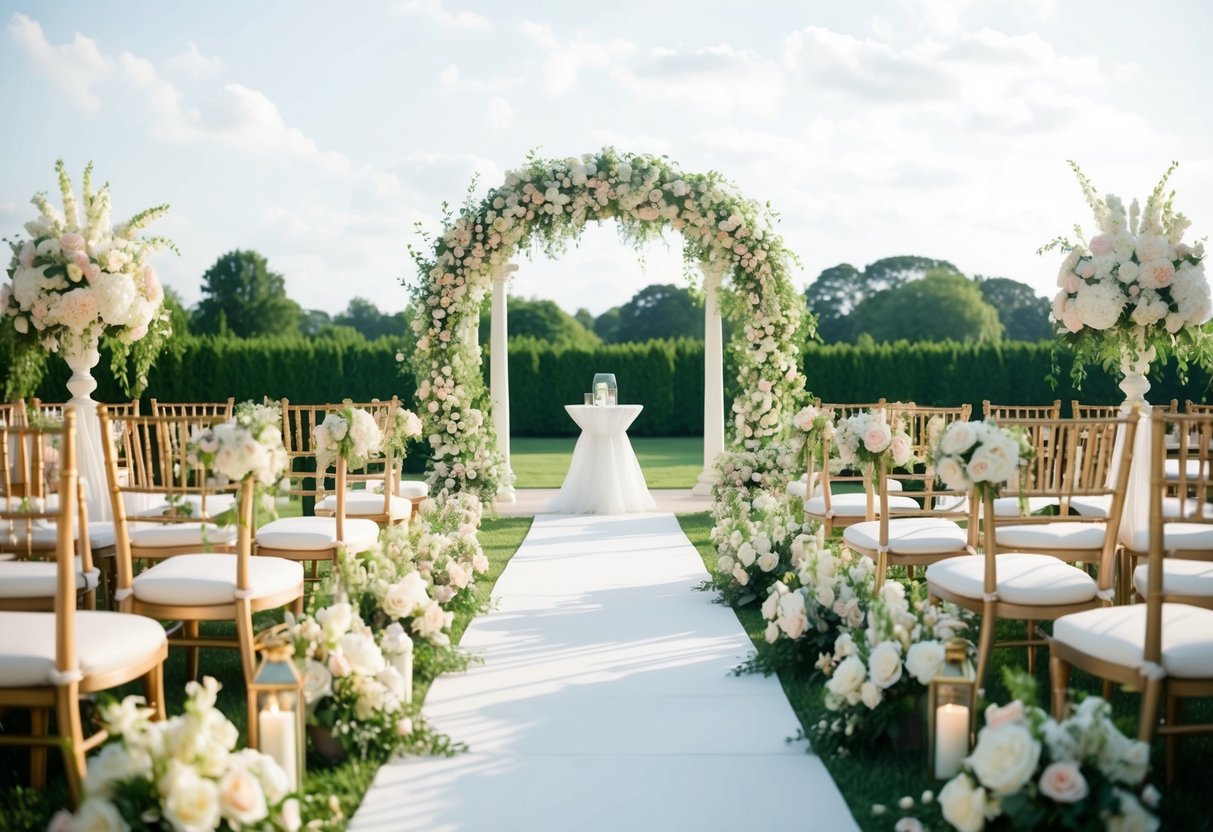 A lavish outdoor wedding in June, with blooming flowers, a grand archway, and elegant decor