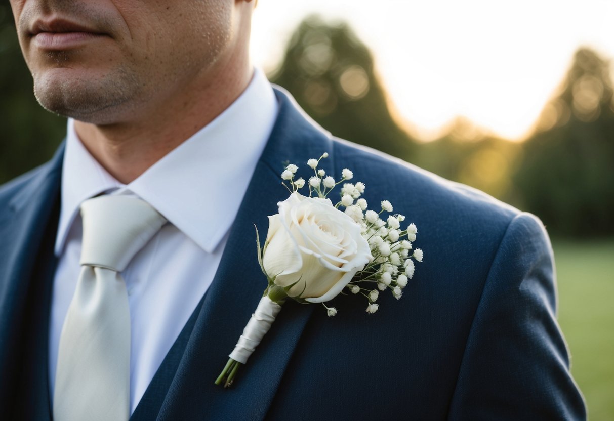 A groom's lapel adorned with a white rose and baby's breath buttonhole