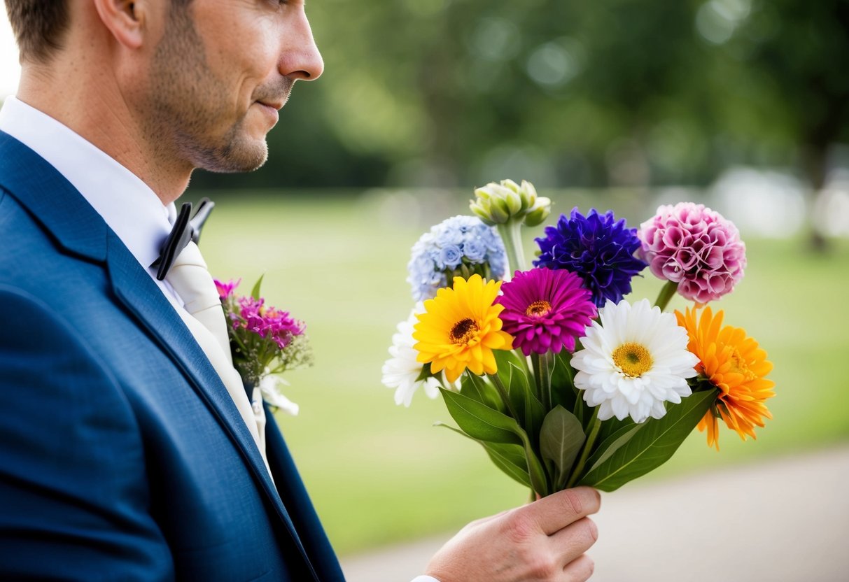 A groom holding a selection of colorful flowers, contemplating which one to choose for his wedding buttonhole