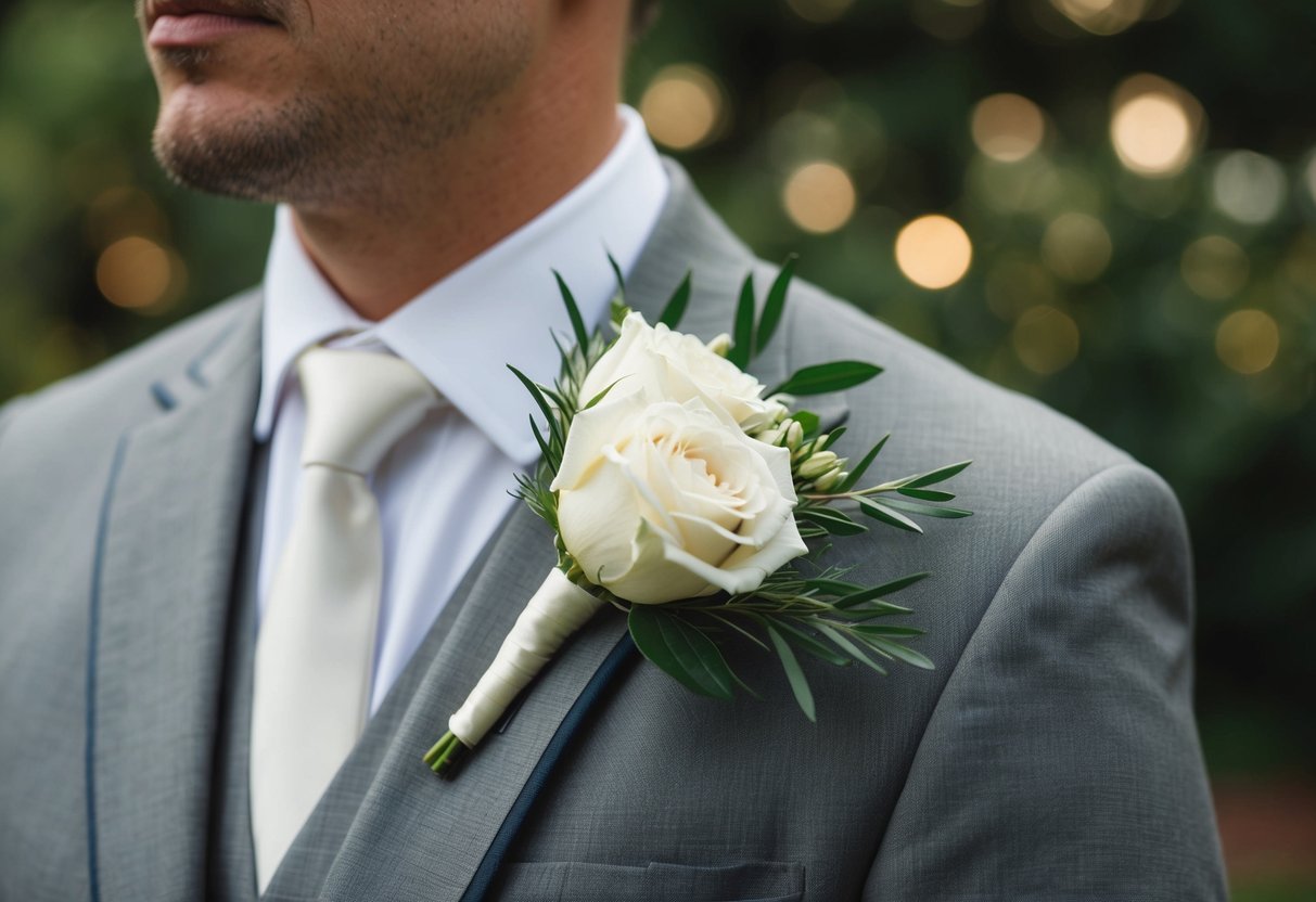 A groom's buttonhole adorned with white roses and green foliage