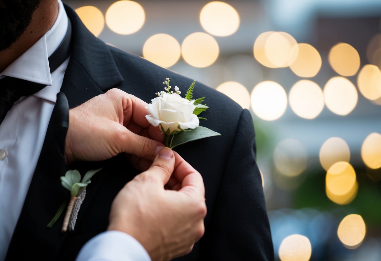 A white wedding buttonhole being attached to a black suit lapel