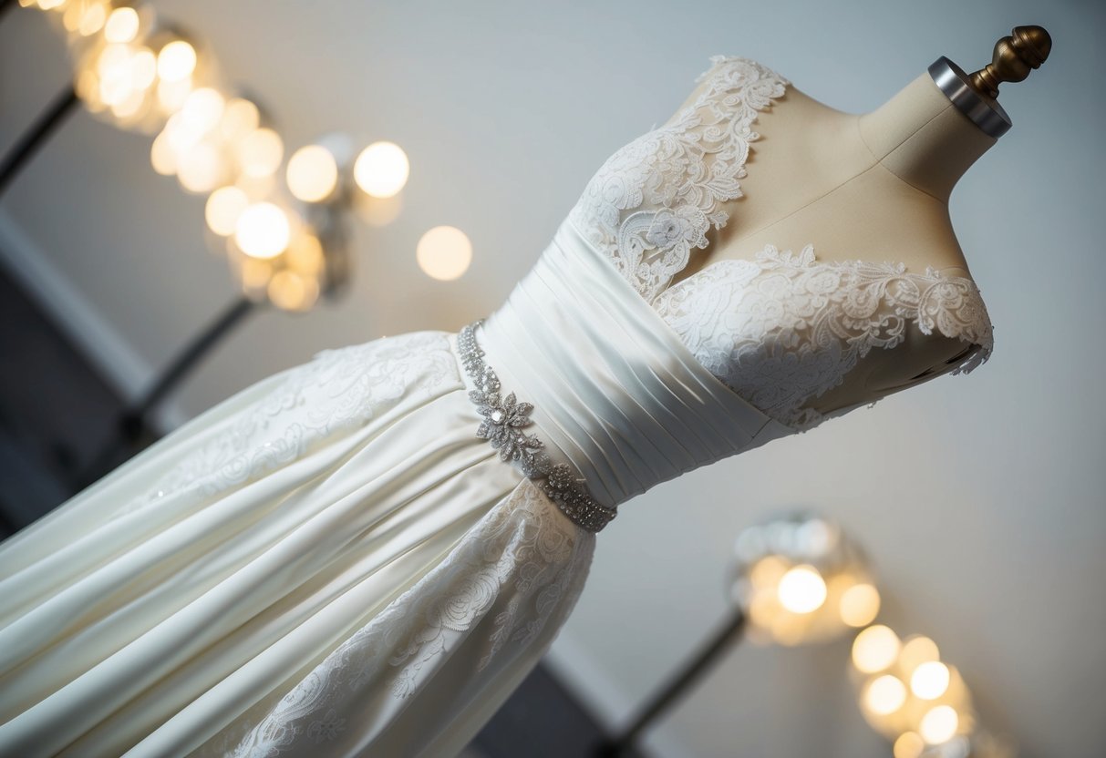 A sleek, form-fitting wedding dress with a cinched waist and a flowing skirt, adorned with delicate lace and a subtle sparkle