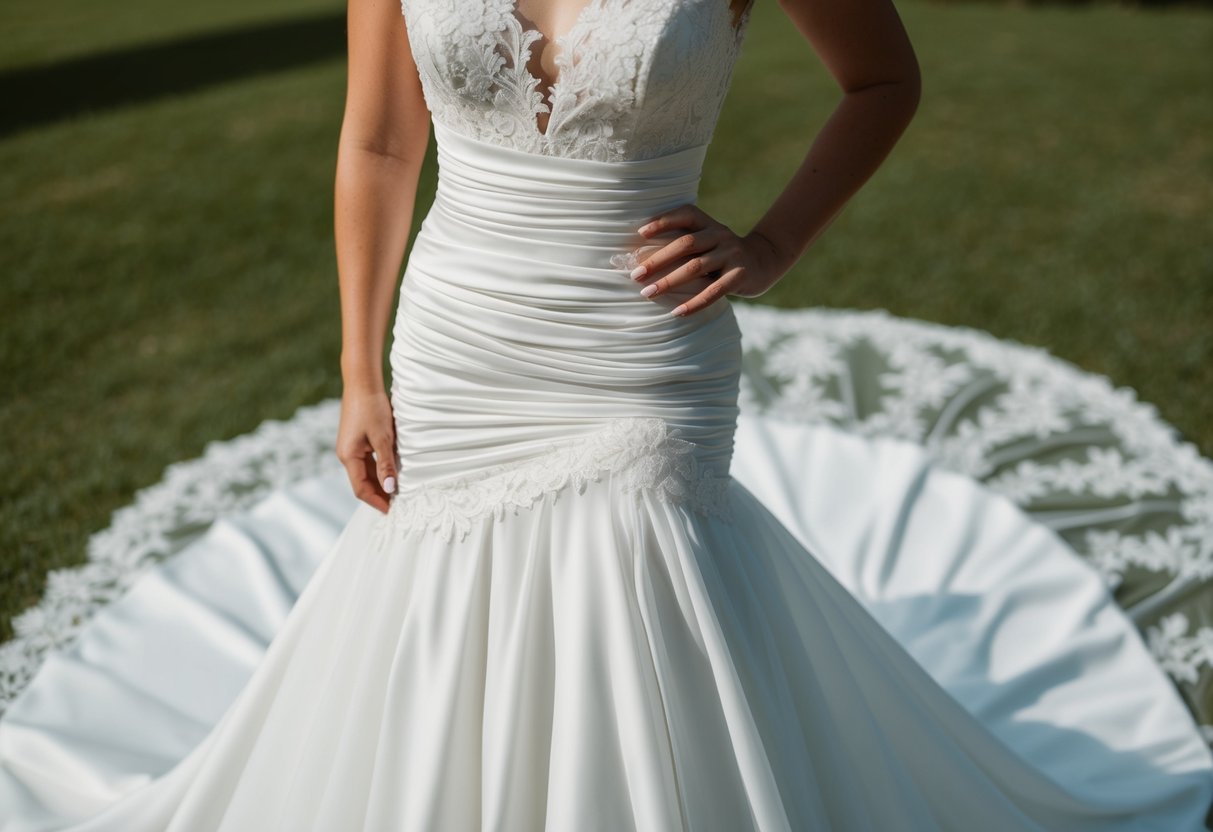 A sleek, A-line wedding dress with a cinched waist and subtle ruching, adorned with delicate lace and a flowing train