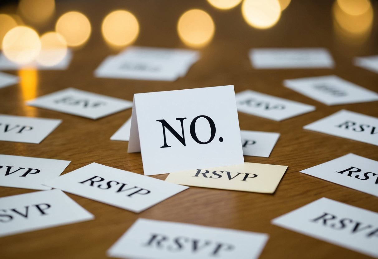 A group of scattered RSVP cards, some marked "no," others blank