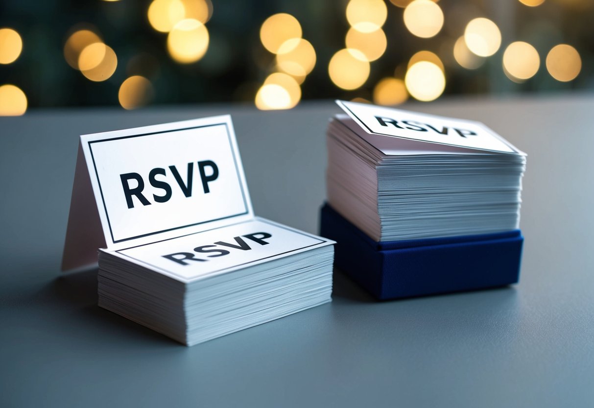 A stack of declined RSVP cards sits next to a pile of accepted ones, showing a lower percentage of people declining attendance