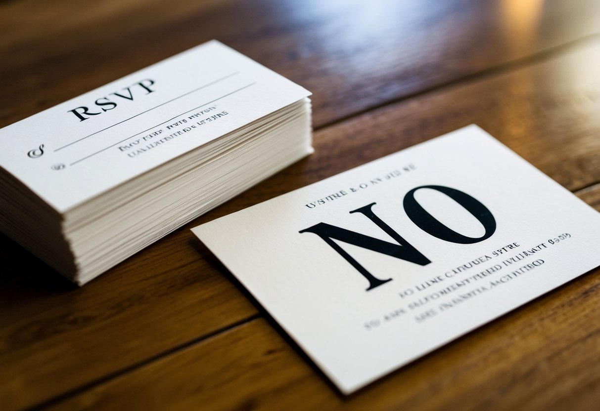 A stack of unopened RSVP cards beside a wedding invitation, with a large "No" written on one card
