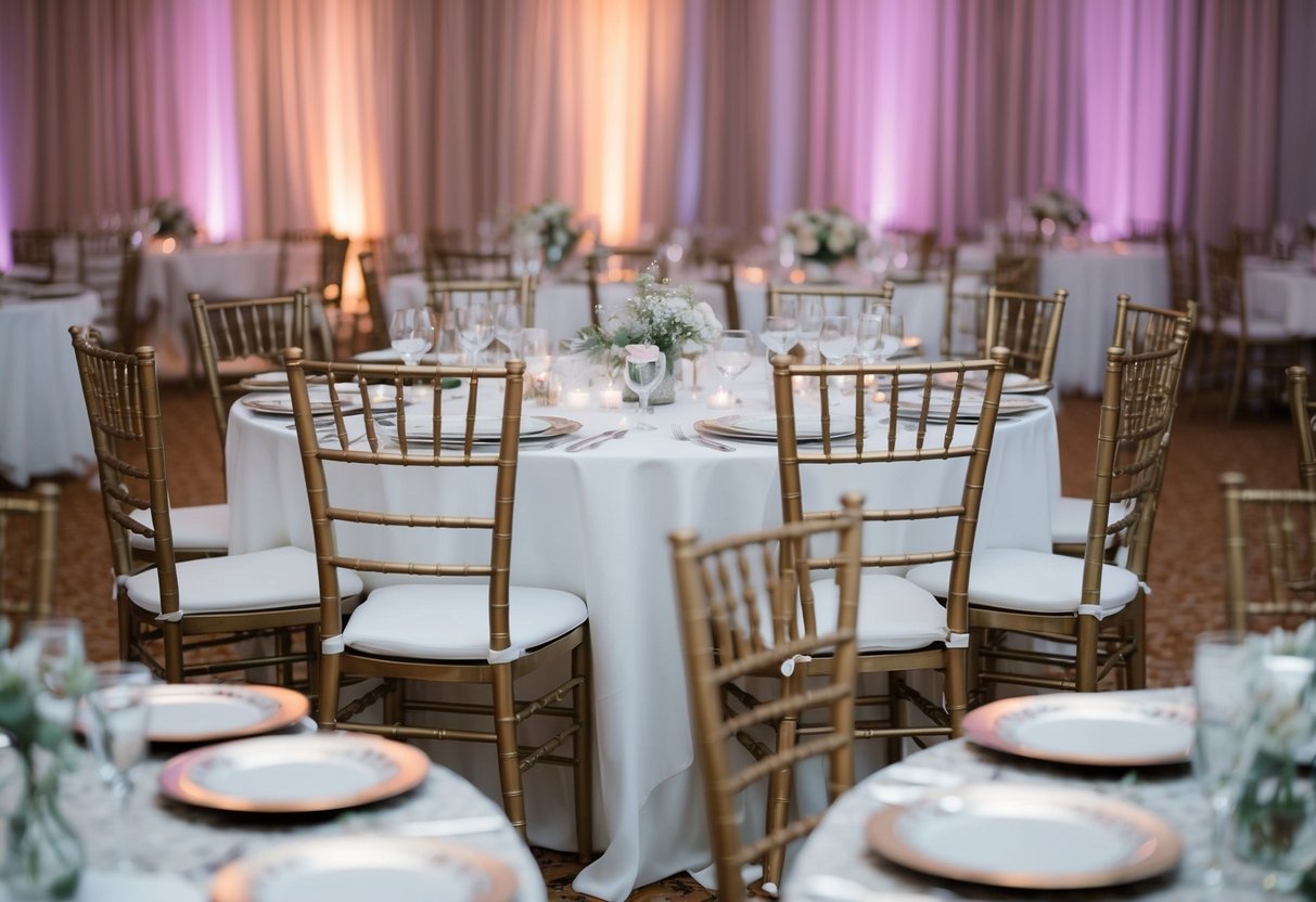 Empty chairs at a party table, some with place settings untouched